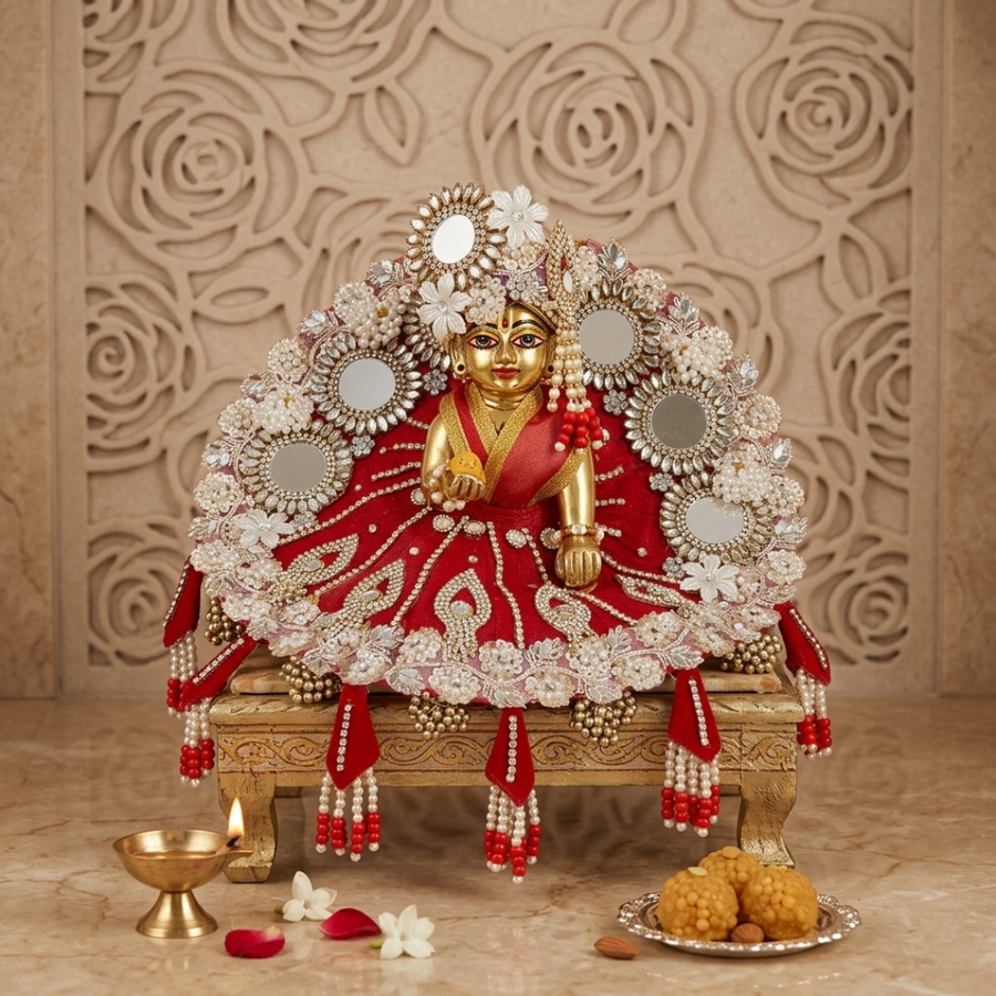 Red & Gold Designer Laddu Gopal Dress For Diwali