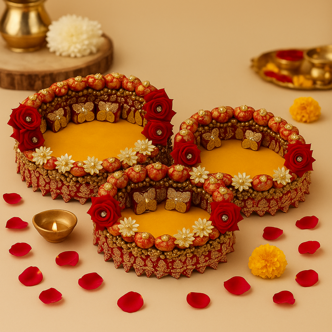 Designer Singhasan with golden and red rose flowers