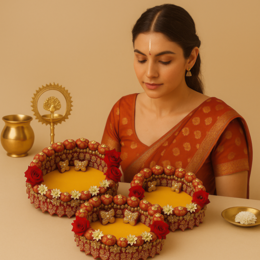 Designer Singhasan with golden and red rose flowers