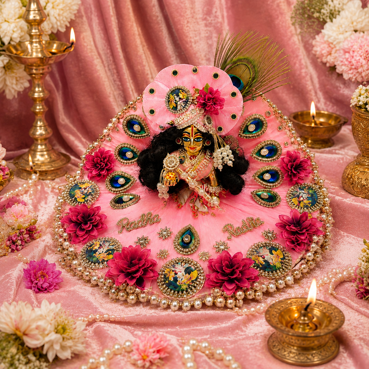 Radha Ashtami Special Pink Mor Pankh Shringar Dress for Laddu Gopal Ji