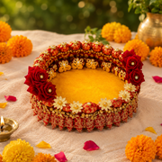 Designer Singhasan with golden and red rose flowers