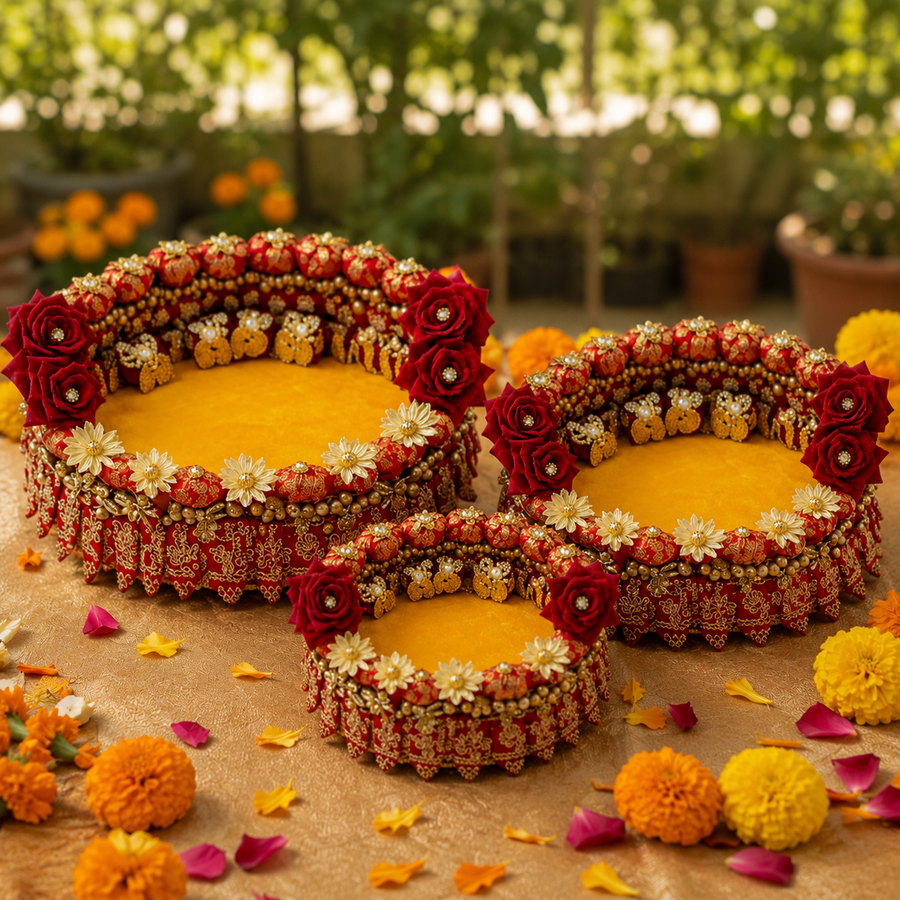 Designer Singhasan with golden and red rose flowers
