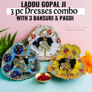 Festive combo PACK 0F 3 DESIGNER DRESS WITH PAGDI , BANSURI AND NAPPY (10PC COMBO)