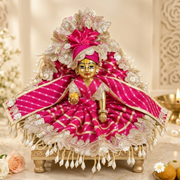 Laddu Gopal Ji 3 Dress Combo with Pagdi & Patka | Royal Blue, Pink & Golden Designer Poshak Set (Pink Lehriya Combo)