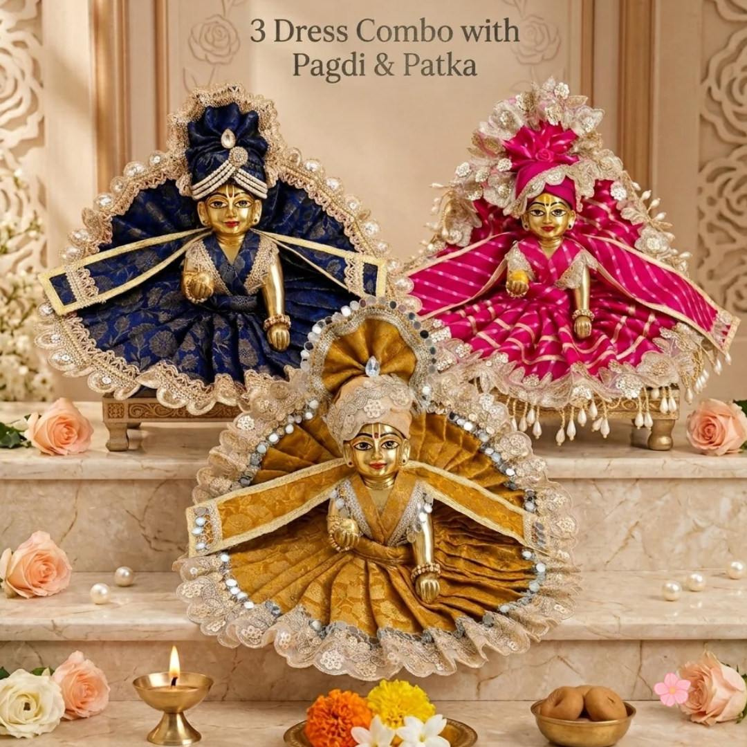 Laddu Gopal Ji 3 Dress Combo with Pagdi & Patka | Royal Blue, Pink & Golden Designer Poshak Set (Pink Lehriya Combo)
