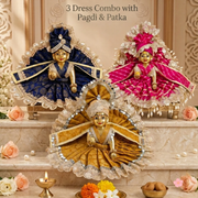 Laddu Gopal Ji 3 Dress Combo with Pagdi & Patka | Royal Blue, Pink & Golden Designer Poshak Set (Pink Lehriya Combo)