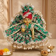 Laddu Gopal Ji 3 Dress Combo with Pagdi & Patka – Premium Designer Poshak Set (Yellow Patola Combo)