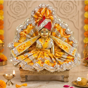 Laddu Gopal Ji 3 Dress Combo with Pagdi & Patka – Premium Designer Poshak Set (Yellow Patola Combo)