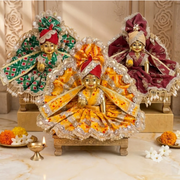 Laddu Gopal Ji 3 Dress Combo with Pagdi & Patka – Premium Designer Poshak Set (Yellow Patola Combo)