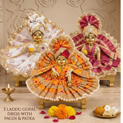 Laddu Gopal Ji 3 Dress Combo with Pagdi &amp; Patka – Premium Designer Poshak Set (Ivory Combo)