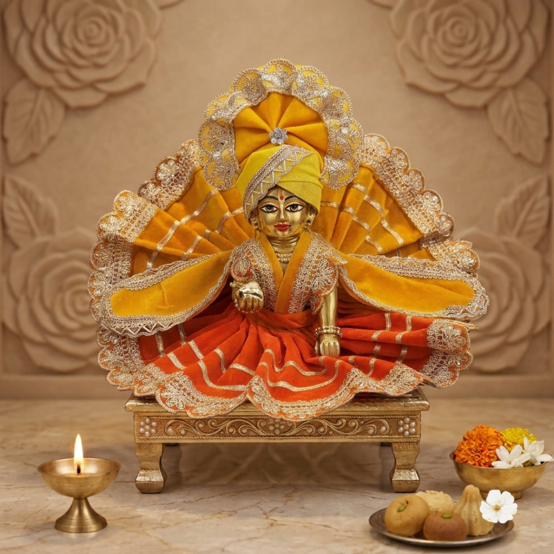 Premium Yellow & Orange Velvet Dress For Laddu Gopal Ji With Velvet Shawl & Pagdi