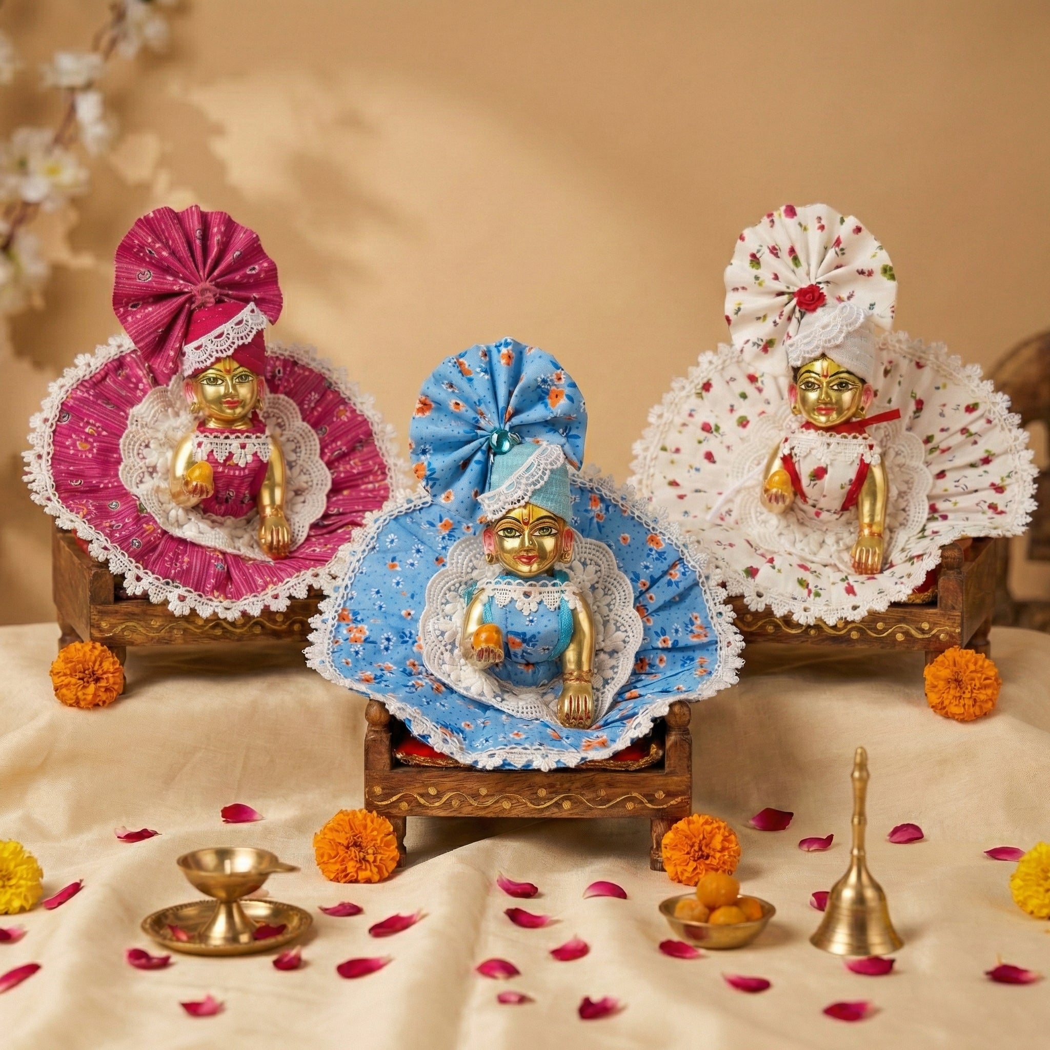 Premium & Beautiful 3pc Pure Cotton Dress set For Laddu Gopal Ji with 3 Matching Pagdi (Without Bukram Washable Dress)