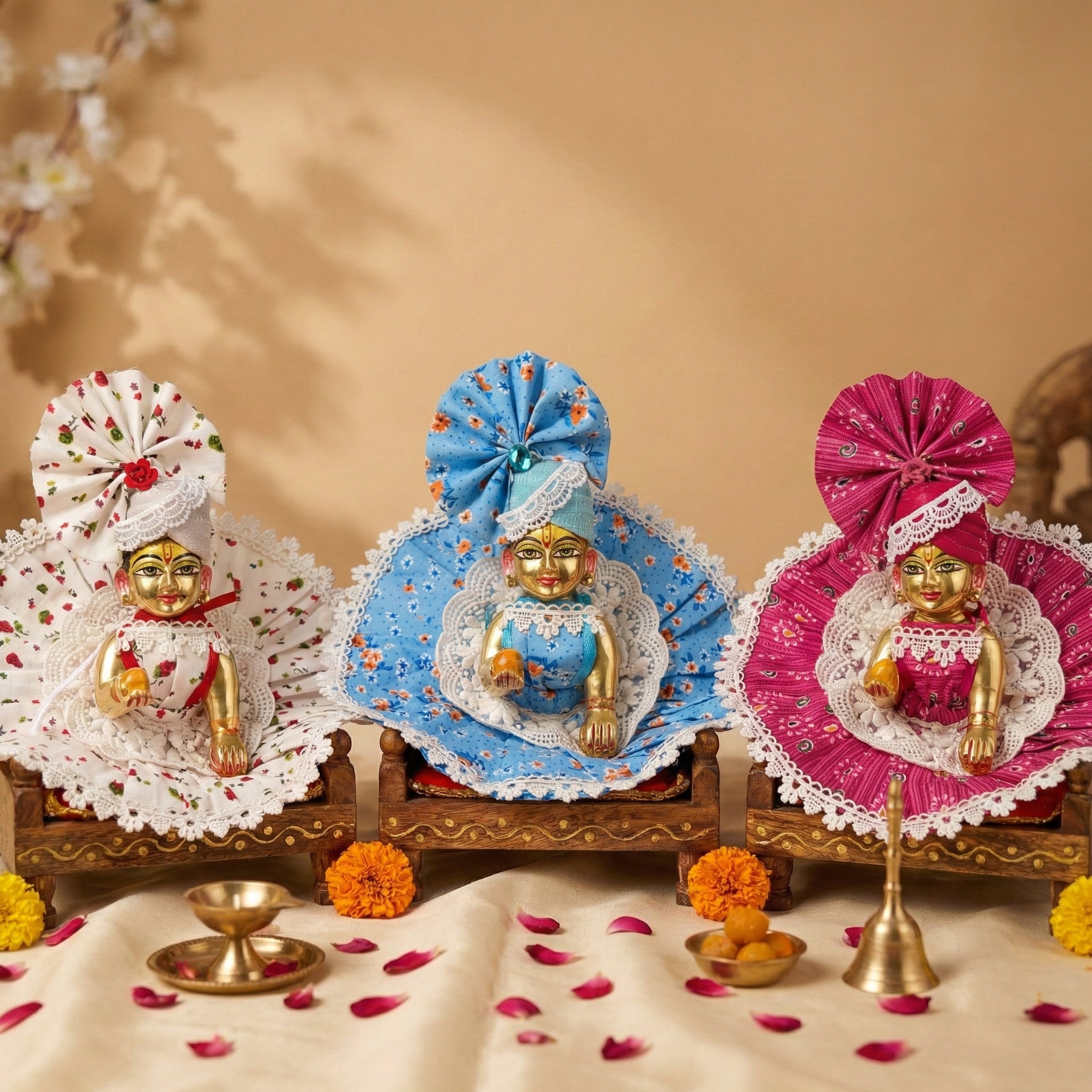 Premium & Beautiful 3pc Pure Cotton Dress set For Laddu Gopal Ji with 3 Matching Pagdi (Without Bukram Washable Dress)