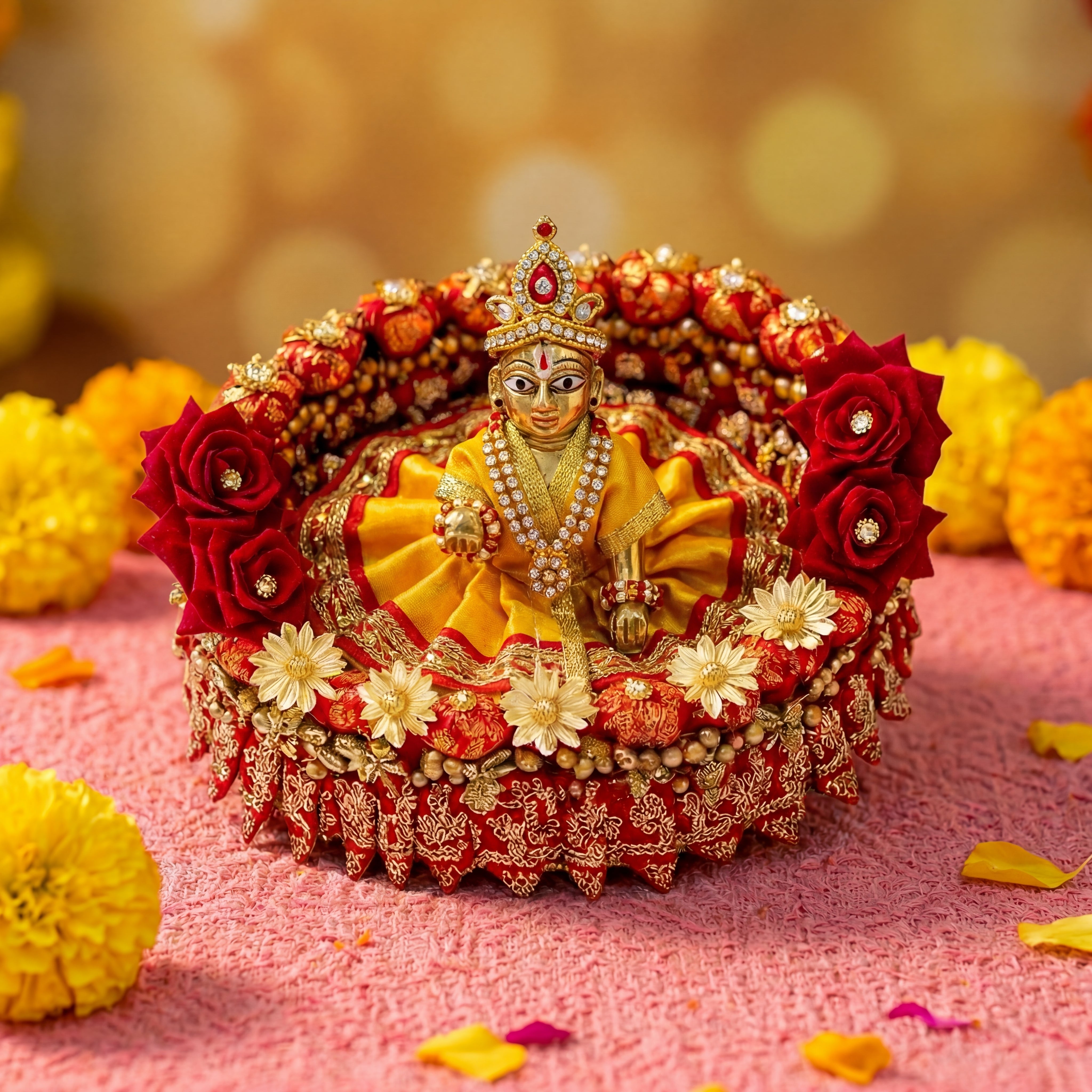 Designer Singhasan with golden and red rose flowers