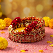Designer Singhasan with golden and red rose flowers