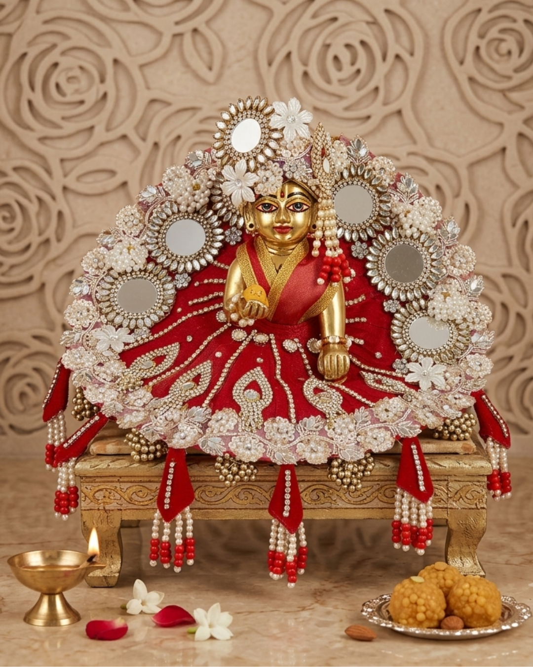 Red &amp; Gold Designer Laddu Gopal Dress For Diwali