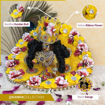 Beautiful yellow dress with red and yellow flowers for janmastmi