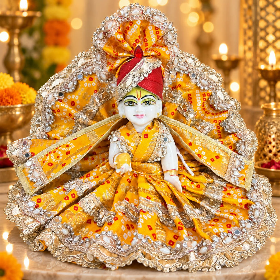 Beautiful Yellow Bandhej Dress for laddu gopal ji with Padgi & Patka