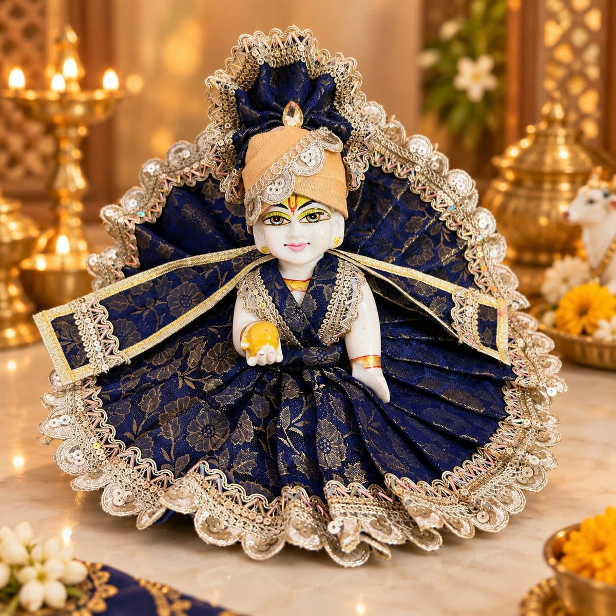 Royal Navy Blue Designer Laddu Gopal Ji Dress With Pagdi & Patka