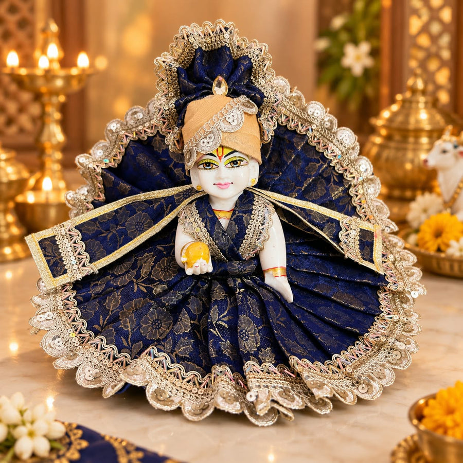 Royal Navy Blue Designer Laddu Gopal Ji Dress With Pagdi & Patka