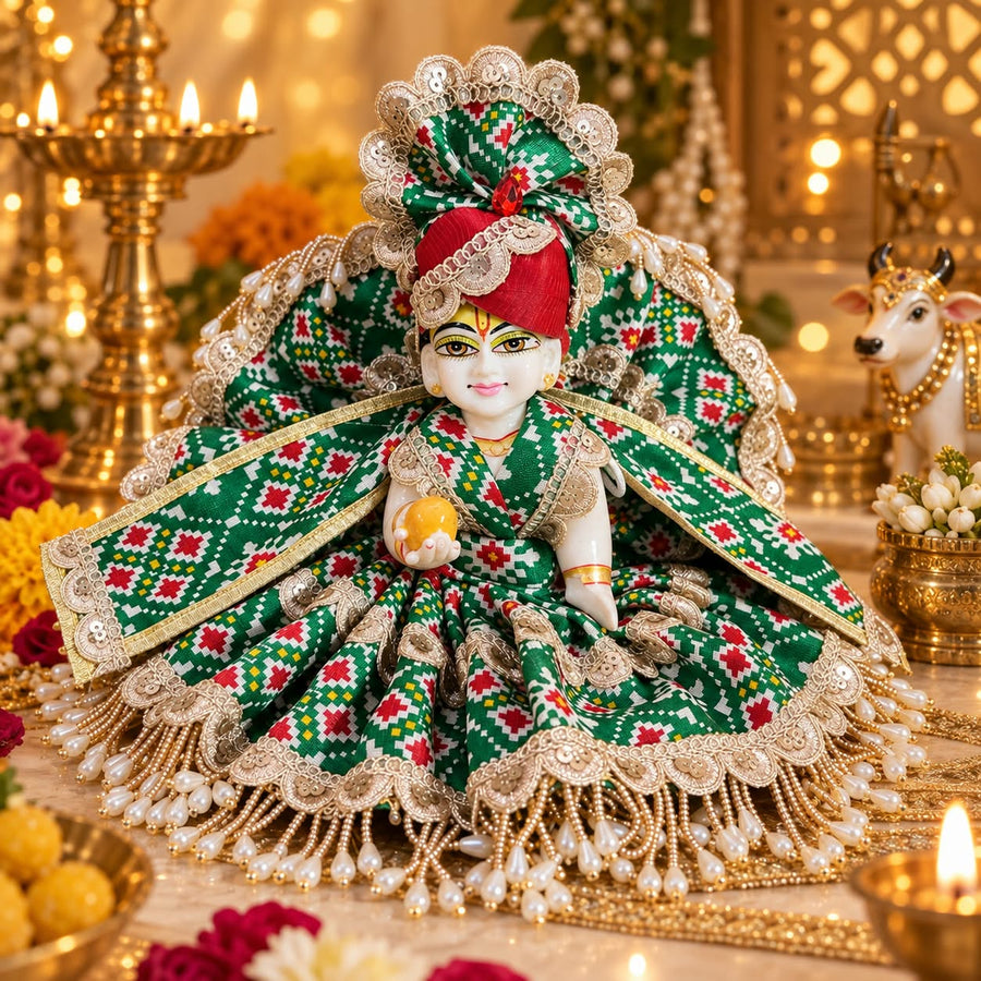 Designer Green Laddu Gopal Ji Dress With Pagdi & Patka