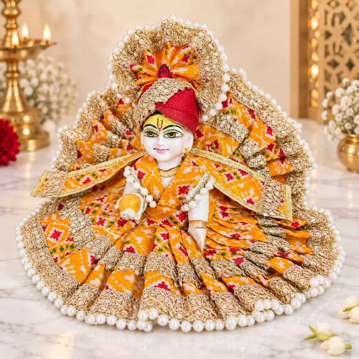 Royal Yellow &amp; Orange Designer Laddu Gopal Ji Dress With Pagdi & Patka