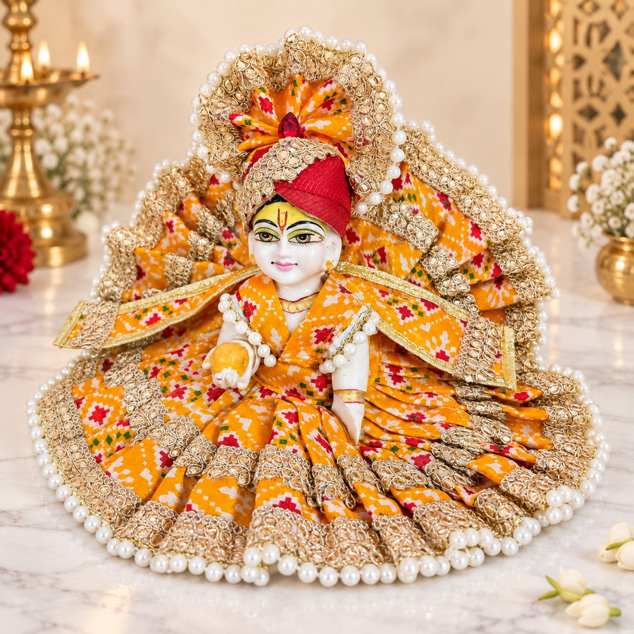 Royal Yellow &amp; Orange Designer Laddu Gopal Ji Dress With Pagdi & Patka