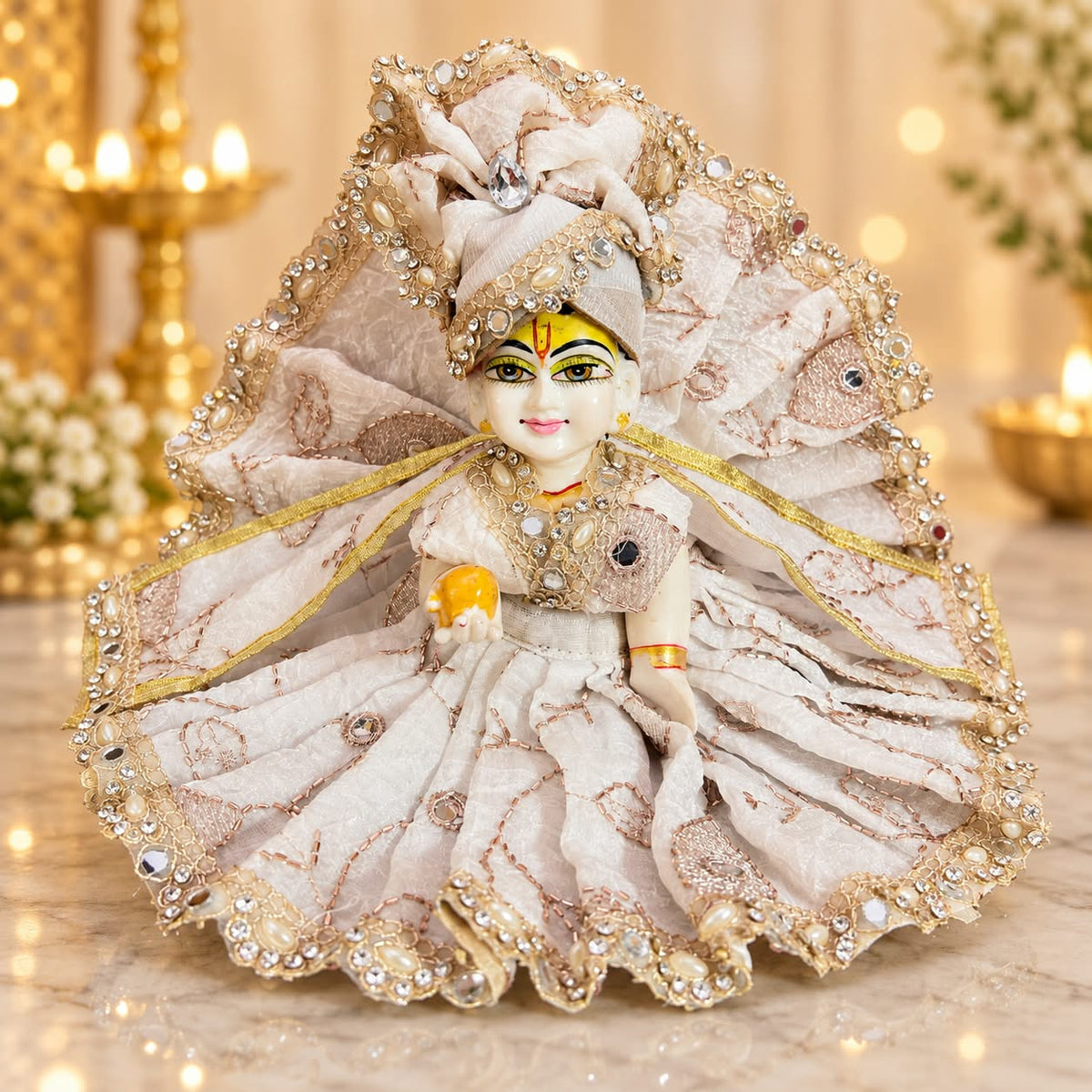 White &amp; Golden Designer Laddu Gopal Ji Dress –With Pagdi & Patka