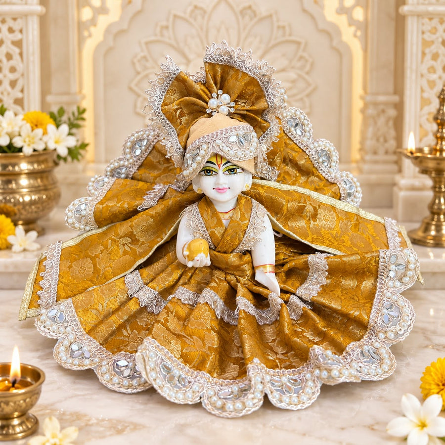 Golden Brocade Festive Dress for Laddu Gopal Ji-With Pagdi & Patka