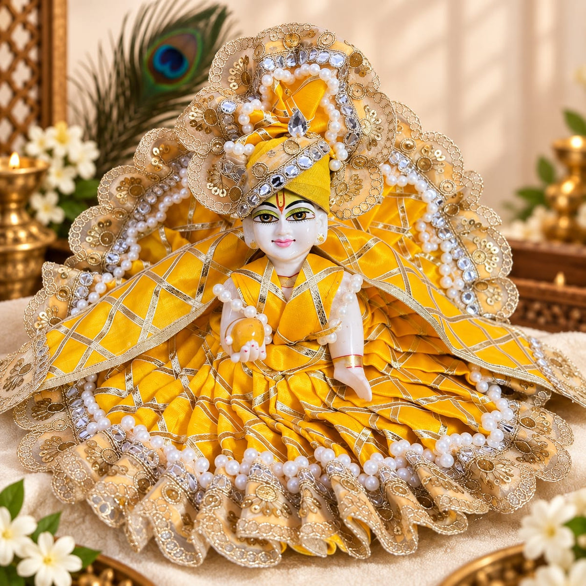 Royal Yellow Designer Dress for Laddu Gopal Ji-With Pagdi & Patka