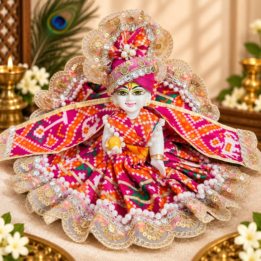 Pink Patola Designer Dress for Laddu Gopal Ji- With Pagdi & Patka