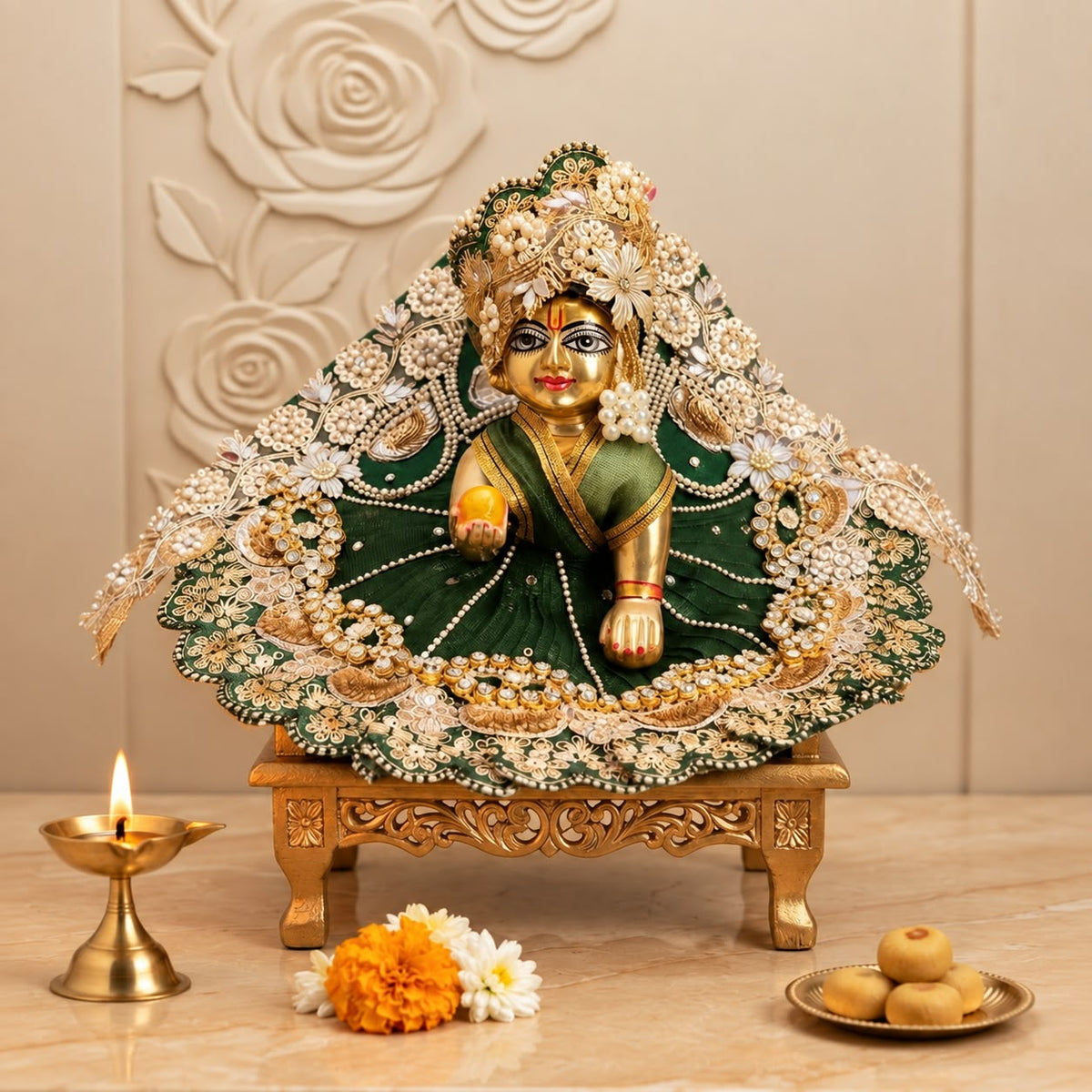 Designer Laddu Gopal Ji Dress – Elegant Green & Golden For Diwali