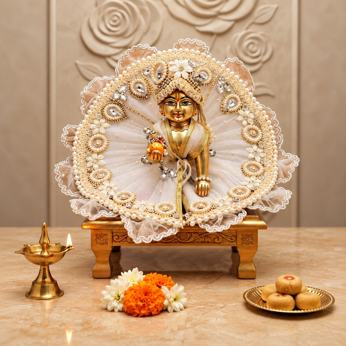 Premium Golden & Pearl Embellished Dress For Laddu Gopal ji For Sharad Purnima