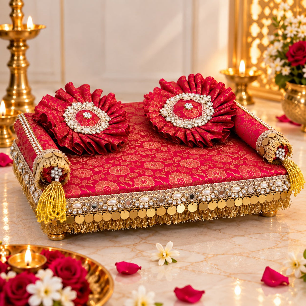 Premium Red & Golden Brocade Laddu Gopal Ji Aasan / Singhasan / Chowki