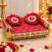 Premium Red & Golden Brocade Laddu Gopal Ji Aasan / Singhasan / Chowki