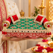 Premium Green & Red Patola Designer Laddu Gopal Ji Singhasan Aasan