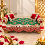 Premium Green & Red Patola Designer Laddu Gopal Ji Singhasan Aasan