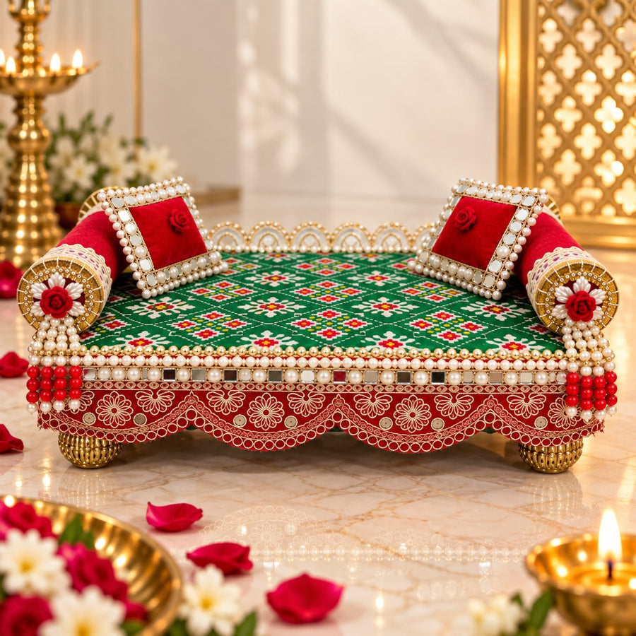 Premium Green & Red Patola Designer Laddu Gopal Ji Singhasan Aasan