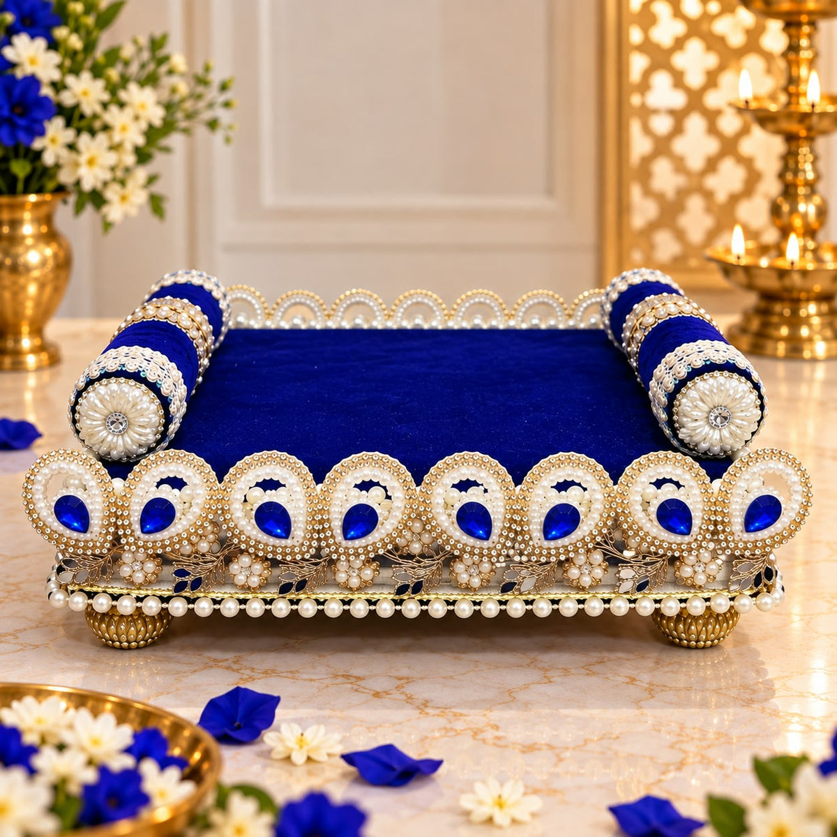 Premium Royal Blue & Golden Pearl-Embellished Laddu Gopal Ji Singhasan Aasan