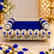 Premium Royal Blue & Golden Pearl-Embellished Laddu Gopal Ji Singhasan Aasan