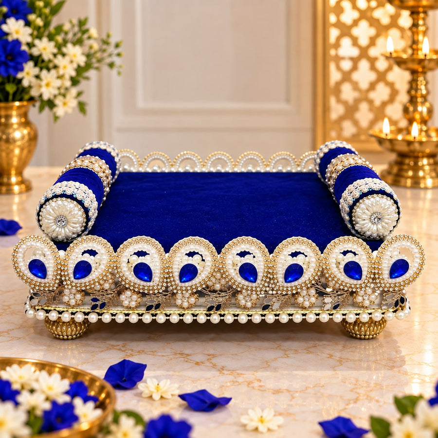 Premium Royal Blue & Golden Pearl-Embellished Laddu Gopal Ji Singhasan Aasan