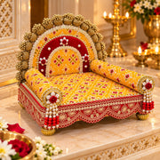 Premium Yellow Royal PATOLA Designer Laddu Gopal Ji Singhasan ith 2 Beautiful Pankhi