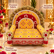Premium Yellow Royal PATOLA Designer Laddu Gopal Ji Singhasan ith 2 Beautiful Pankhi