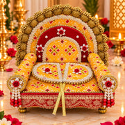 Premium Yellow Royal PATOLA Designer Laddu Gopal Ji Singhasan ith 2 Beautiful Pankhi