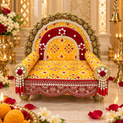 Premium Yellow Royal PATOLA Designer Laddu Gopal Ji Singhasan ith 2 Beautiful Pankhi