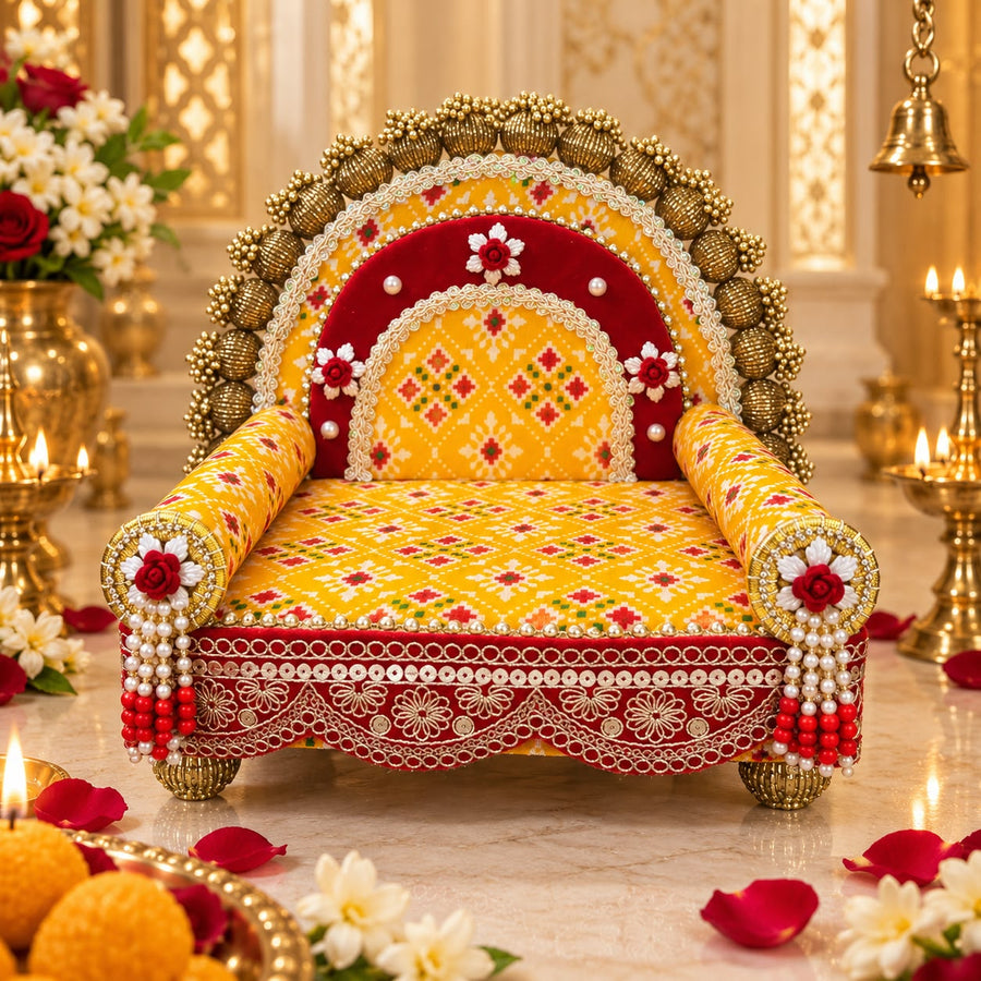 Premium Yellow Royal PATOLA Designer Laddu Gopal Ji Singhasan ith 2 Beautiful Pankhi