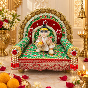 Premium Green Patola Royal Designer Laddu Gopal Ji Singhasan Aasan With 2 Beautiful Pankhi