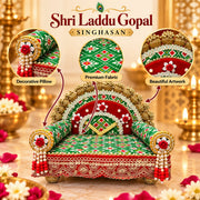 Premium Green Patola Royal Designer Laddu Gopal Ji Singhasan Aasan With 2 Beautiful Pankhi