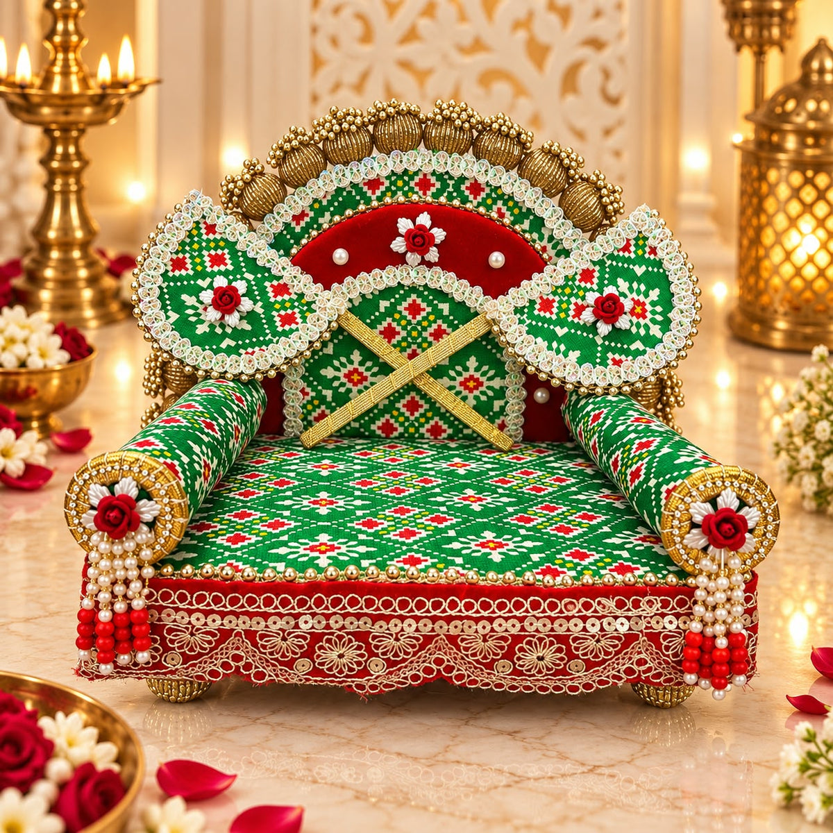 Premium Green Patola Royal Designer Laddu Gopal Ji Singhasan Aasan With 2 Beautiful Pankhi