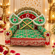 Premium Green Patola Royal Designer Laddu Gopal Ji Singhasan Aasan With 2 Beautiful Pankhi
